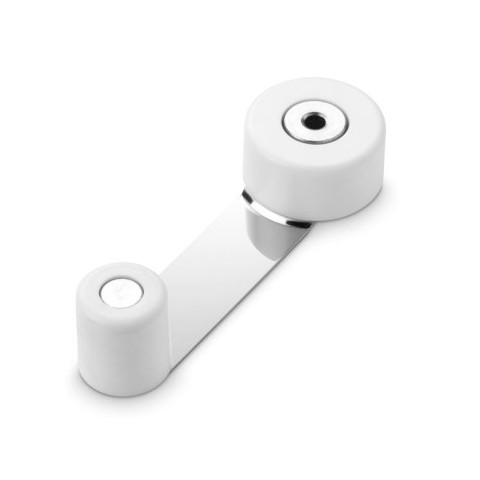 Tope de puerta adhesivo y retenedor giratorio con base metálica. Color blanco, para puertas de hasta 45 mm de espesor y permite