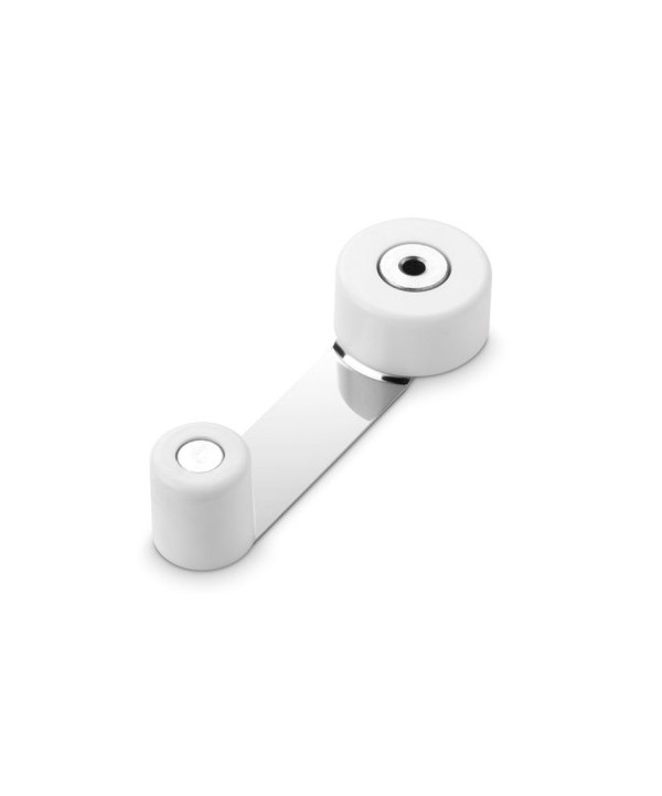 Tope de puerta adhesivo y retenedor giratorio con base metálica. Color blanco, para puertas de hasta 45 mm de espesor y permite